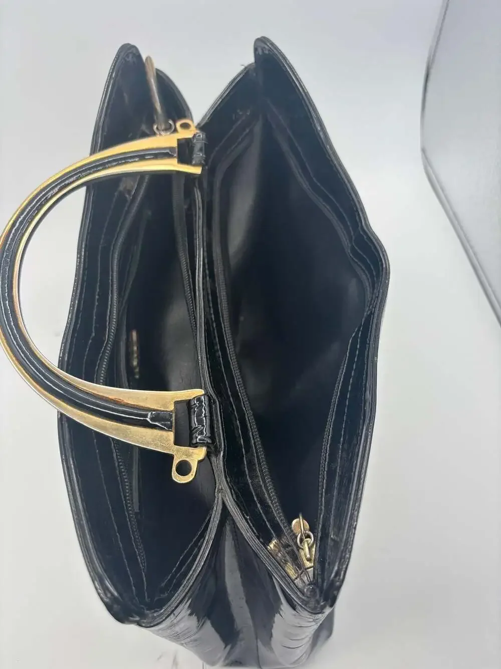 Vintage H.B. Black Patent Faux Reptile Handbag with Gold Metal Handle - 80s